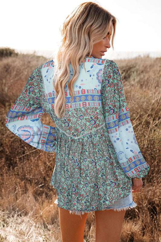 Split Neck Bubble Sleeve Floral Patchwork Blouse