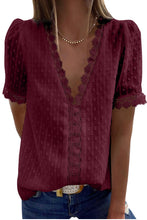 Lace Splicing V-Neck Swiss Dot Short Sleeve Top