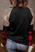 Crewneck Lantern Sleeve Plaid Sequin Splicing Pullover Sweatshirt