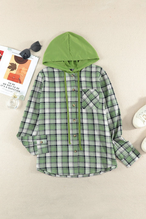 Khaki Drawstring Plaid Hooded Shirt Coat