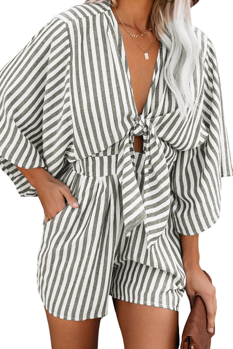 3/4 Wide Kimono Sleeves Tie Front Striped Romper with Pockets