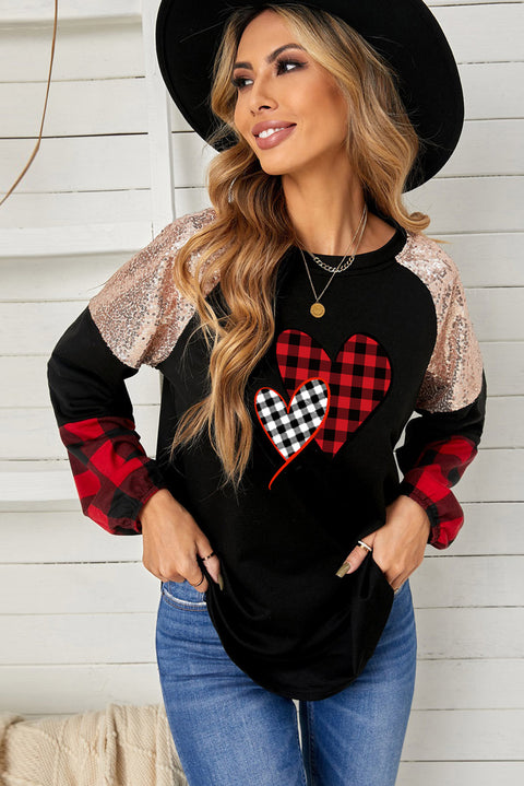 Crewneck Lantern Sleeve Plaid Sequin Splicing Pullover Sweatshirt