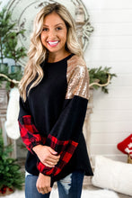 Crewneck Lantern Sleeve Plaid Sequin Splicing Pullover Sweatshirt