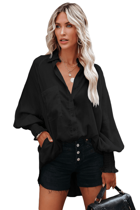 Billowy Sleeves Pocketed Shirt - HannaBanna Clothing