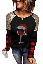 Crewneck Lantern Sleeve Plaid Sequin Splicing Pullover Sweatshirt