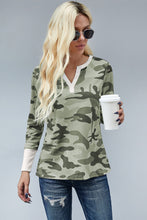 Long Sleeve Cutout V Neck Camo Top