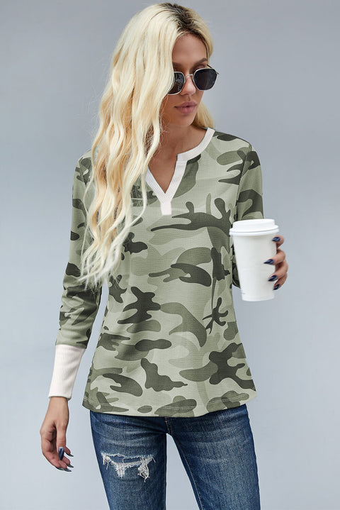 Long Sleeve Cutout V Neck Camo Top