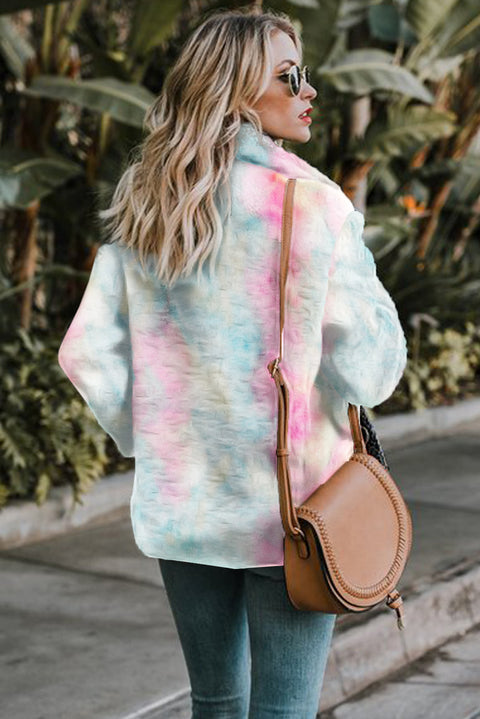 Tie Dye Lapel Collar Open Front Fleece Coat