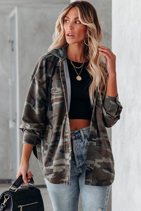 Camo Print Button up Hooded Jacket