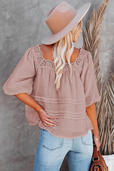 Beige Puff Sleeve Eyelet Babydoll Blouse - HannaBanna Clothing