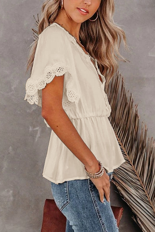 Lace Splicing V Neck Short Sleeve Blouse