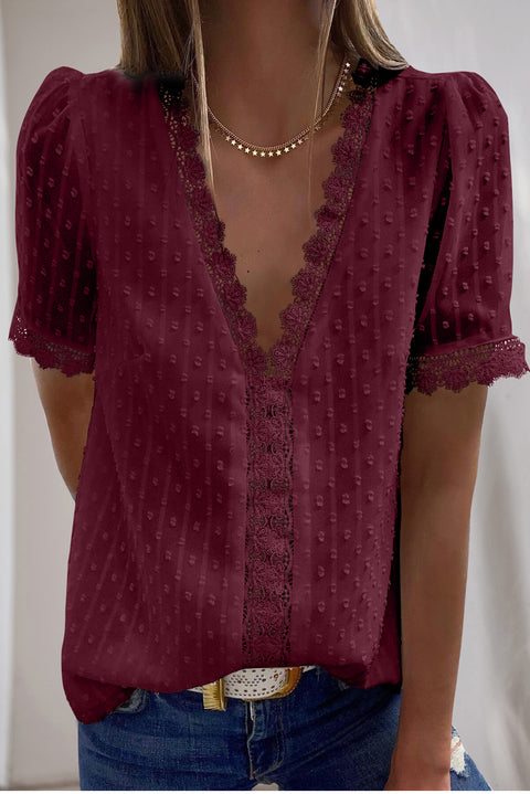 Lace Splicing V-Neck Swiss Dot Short Sleeve Top