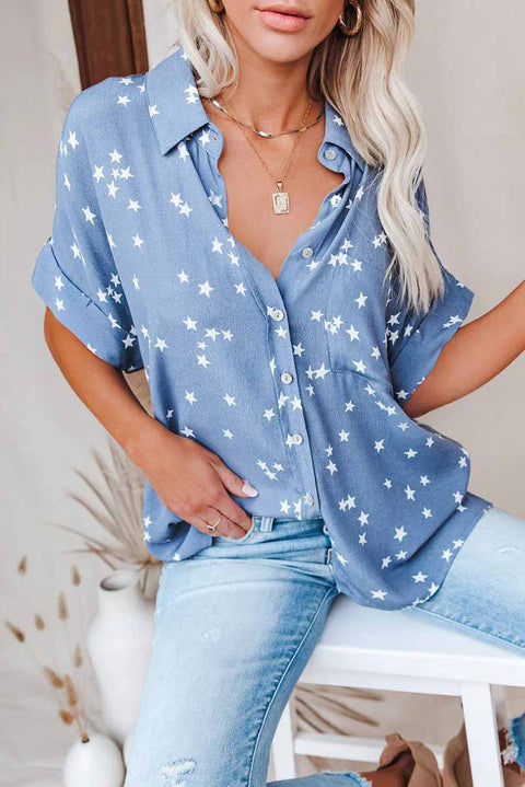 Stars Print Cuffed Sleeves Shirt