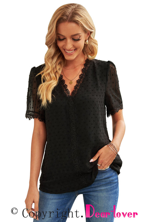 Lace Splicing V-Neck Swiss Dot Short Sleeve Top