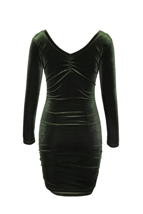 Long Sleeve Ruched Velvet Dress