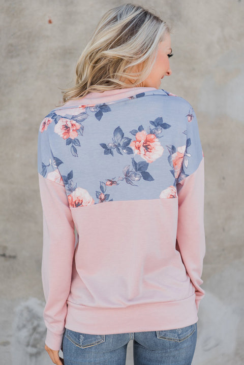 Floral Splice Pink Kangaroo Pocket Zip Collar Sweatshirt