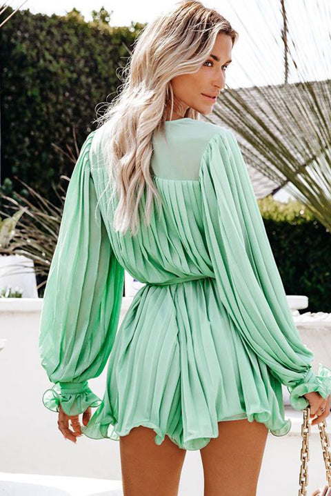 Pleated Ruffled Tie Waist Buttons V Neck Romper