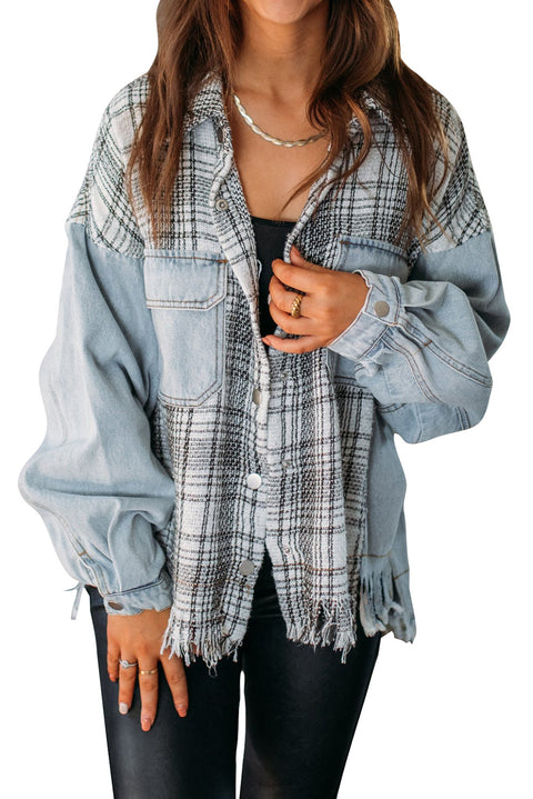 Plaid Patchwork Fringed Flap Pockets Denim Jacket