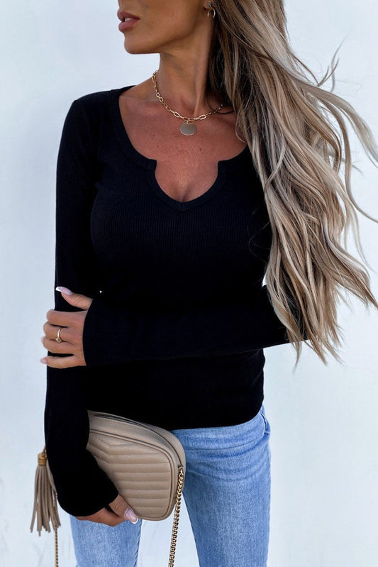 Khaki Split Round Neck Ribbed Knit Top