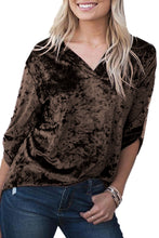 V Neck Roll-tab Sleeve Velvet Top