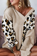 Beige Asymmetric Leopard Patchwork Wide Sleeve V Neck Sweater