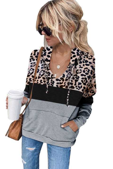 Leopard Splicing Kangaroo Pocket Drawstring Hoodie