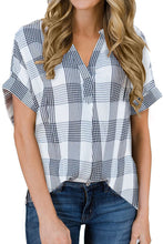 Plaid Print Loose V Neck Short Sleeve Shirt with Slits