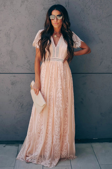 Burgundy Deep V Neck Short Sleeve Lace Maxi Dress