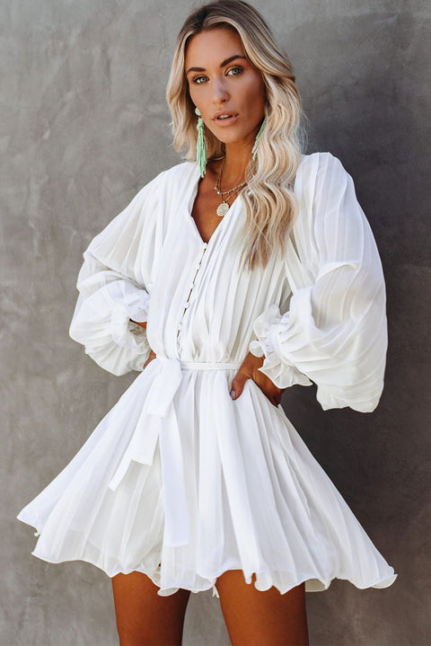 Pleated Ruffled Tie Waist Buttons V Neck Romper