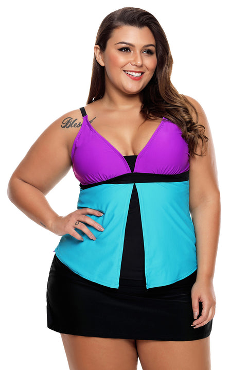 Blue Colorblock Tankini Skort Bottom Swimsuit