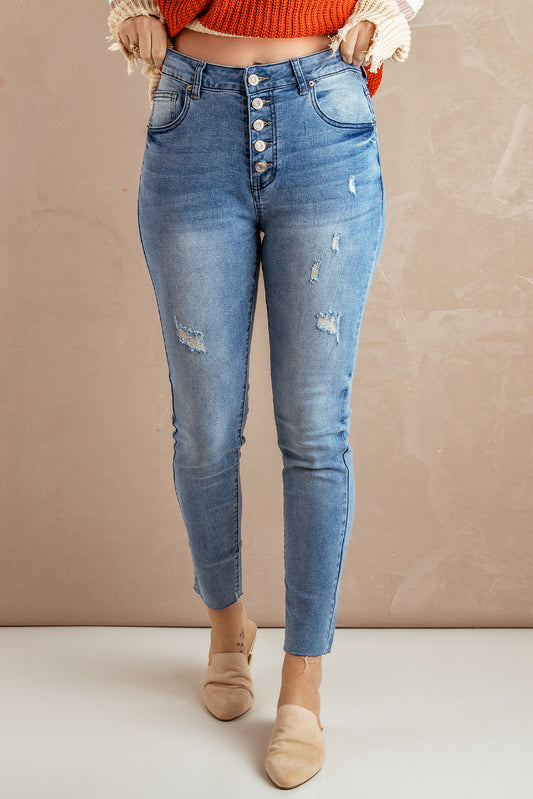 Button Fly Distressed Skinny Jeans