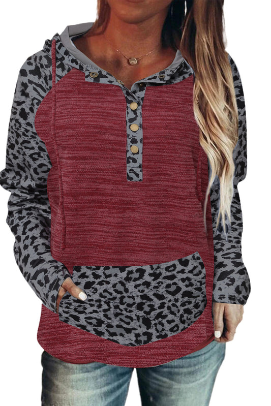 Color Block Leopard Long Sleeves Wine Hoodie