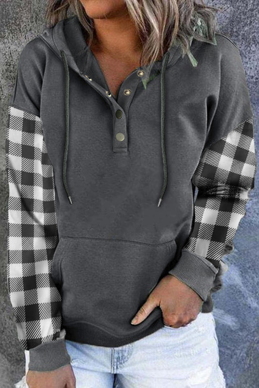 Plaid Snap Button Pullover Hoodie with Pocket