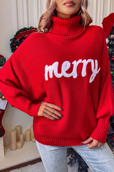 Merry Letter Embroidered High Neck Sweater