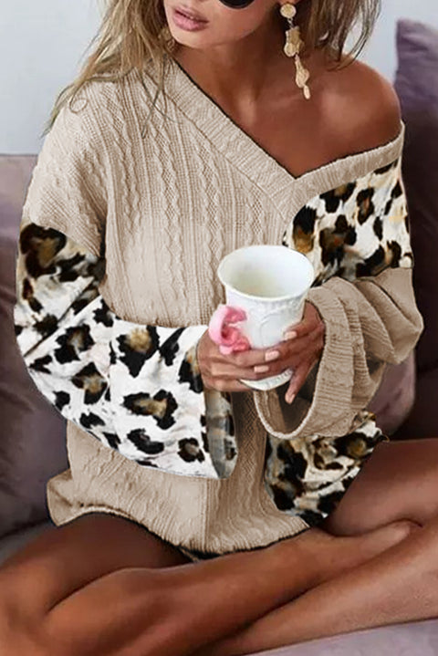 Beige Asymmetric Leopard Patchwork Wide Sleeve V Neck Sweater