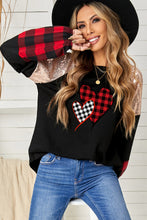 Crewneck Lantern Sleeve Plaid Sequin Splicing Pullover Sweatshirt