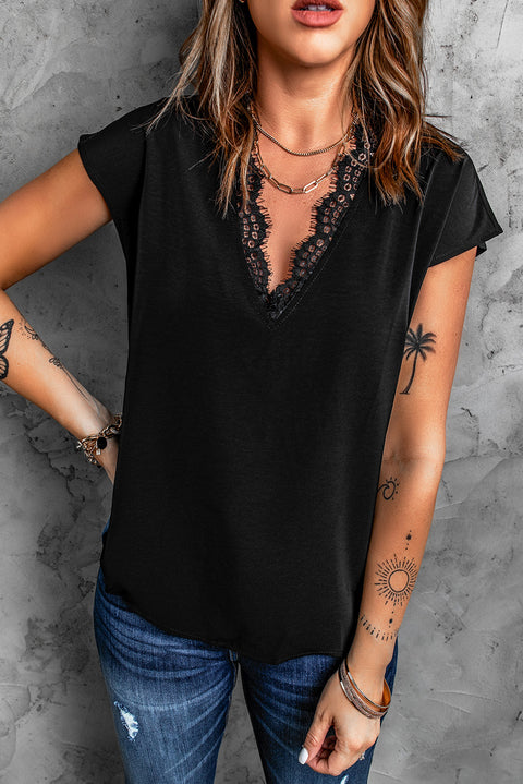 V Neck Lace Trim T-shirt