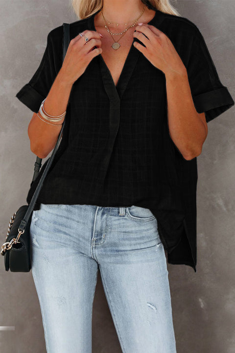 Plaid Print Loose V Neck Short Sleeve Shirt with Slits