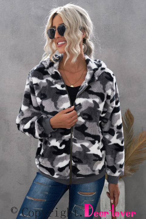 Camo Print Zipper Fleece Hooded Coat with Pockets