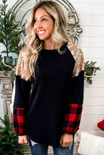 Crewneck Lantern Sleeve Plaid Sequin Splicing Pullover Sweatshirt