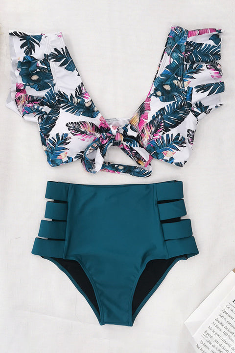 Palm Leaf Print Front Tie High Waist Bikini Swimsuit with Ruffles