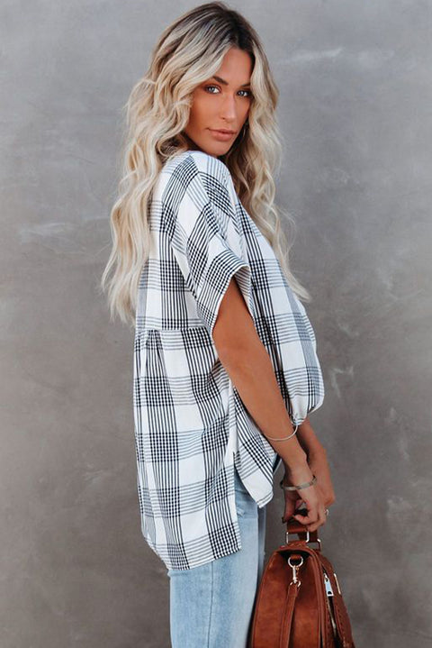 Plaid Print Loose V Neck Short Sleeve Shirt with Slits