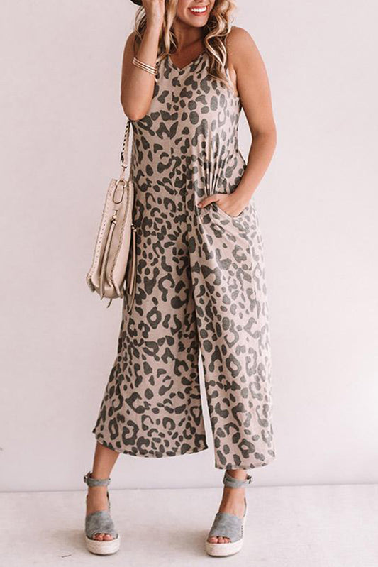 Print Pockets Wide Leg Sleeveless Jumpsuit