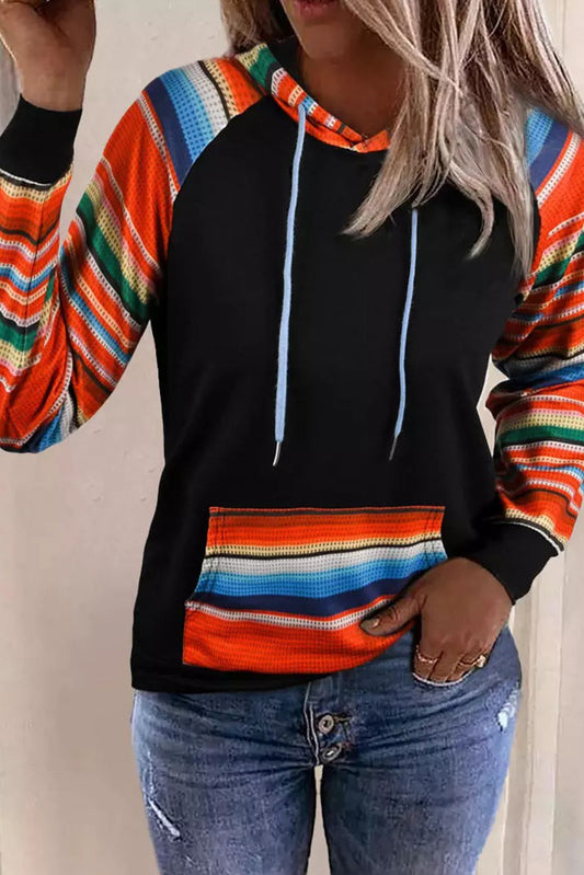 Multicolor Colorful Striped Patchwork Kangaroo Pocket Hoodie