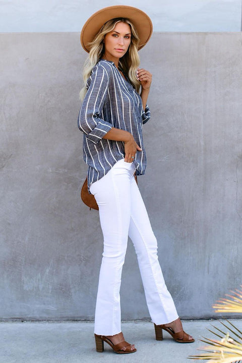 /Blue Striped V Neck Pocket Long Sleeve Top - HannaBanna Clothing