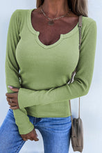 Khaki Split Round Neck Ribbed Knit Top