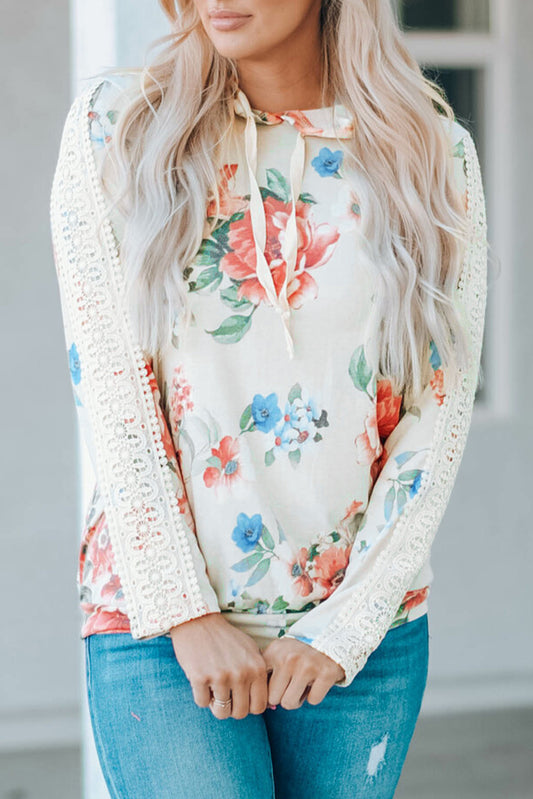 Floral Print Lace Contrast Long Sleeve Hoodie