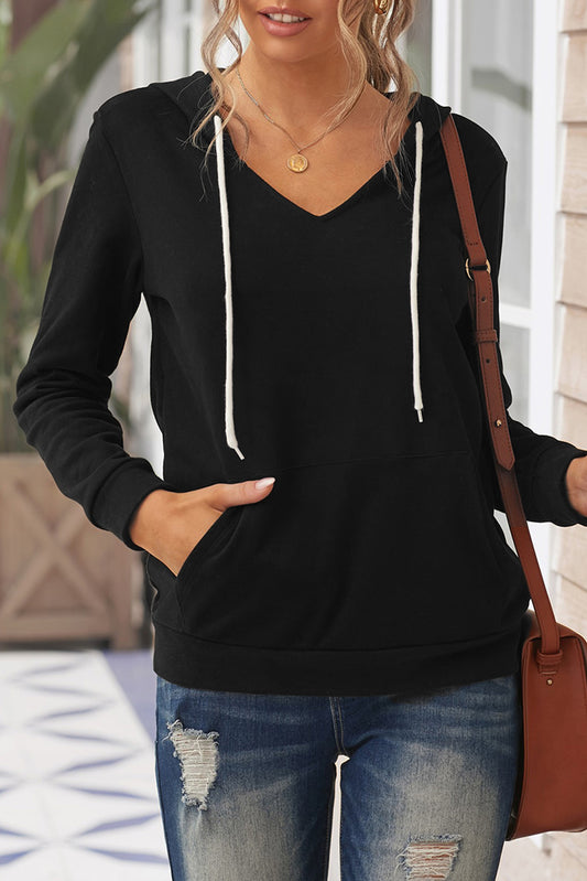 V Neck Kangaroo Pocket Drawstring Hoodie