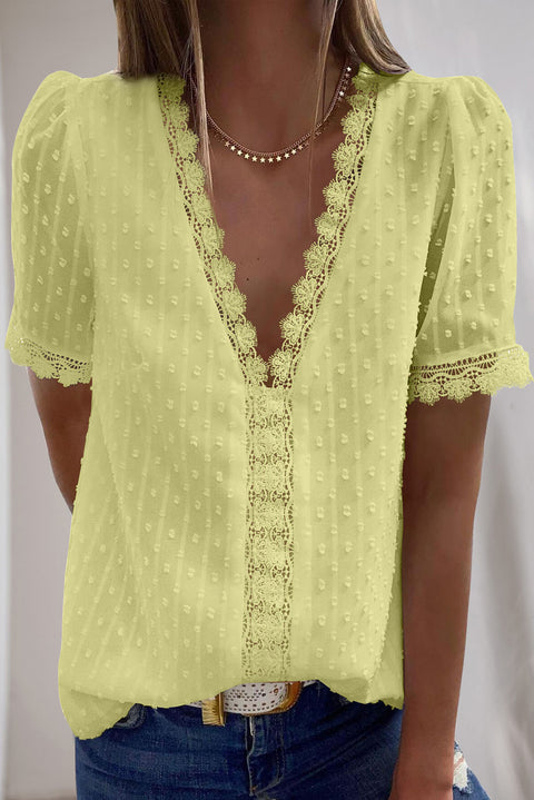 Lace Splicing V-Neck Swiss Dot Short Sleeve Top