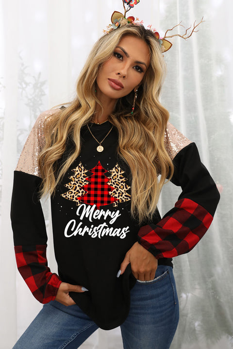 Crewneck Lantern Sleeve Plaid Sequin Splicing Pullover Sweatshirt